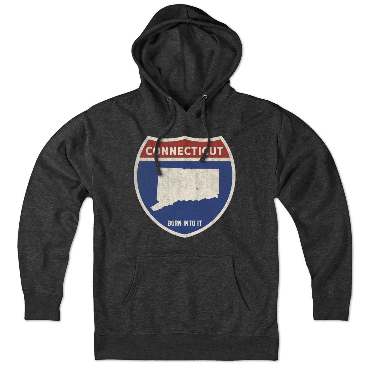 Born Into It Connecticut Interstate Sign hoodie, crewneck sweatshirt with highway graphic, comfortable casual wear.