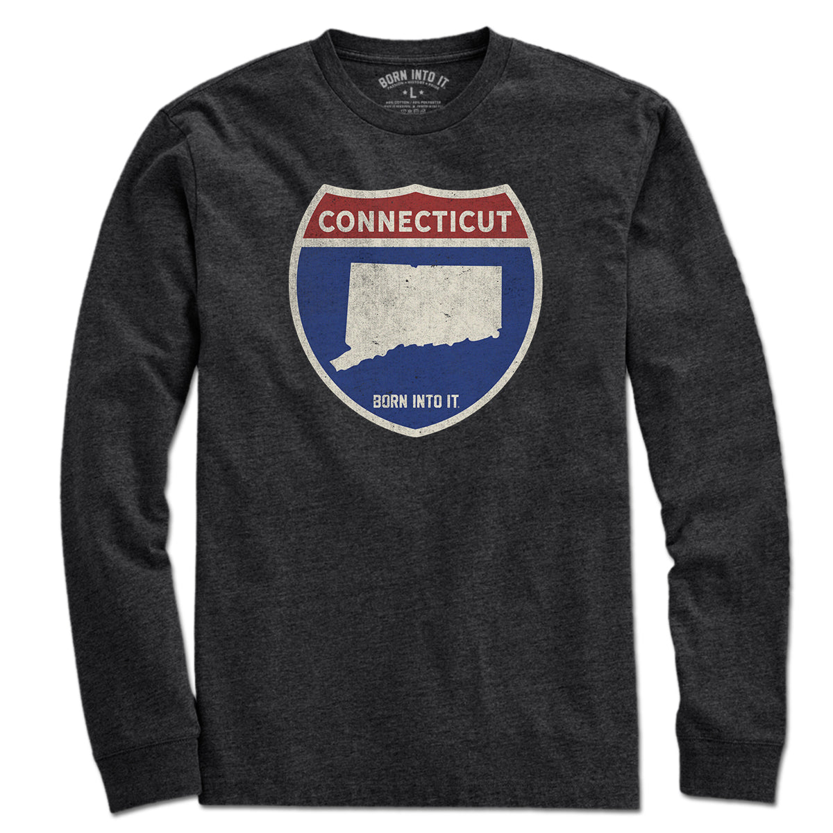 Born Into It Connecticut Interstate Sign T-Shirt shown flat, featuring a classic highway sign graphic on a comfortable T-shirt.