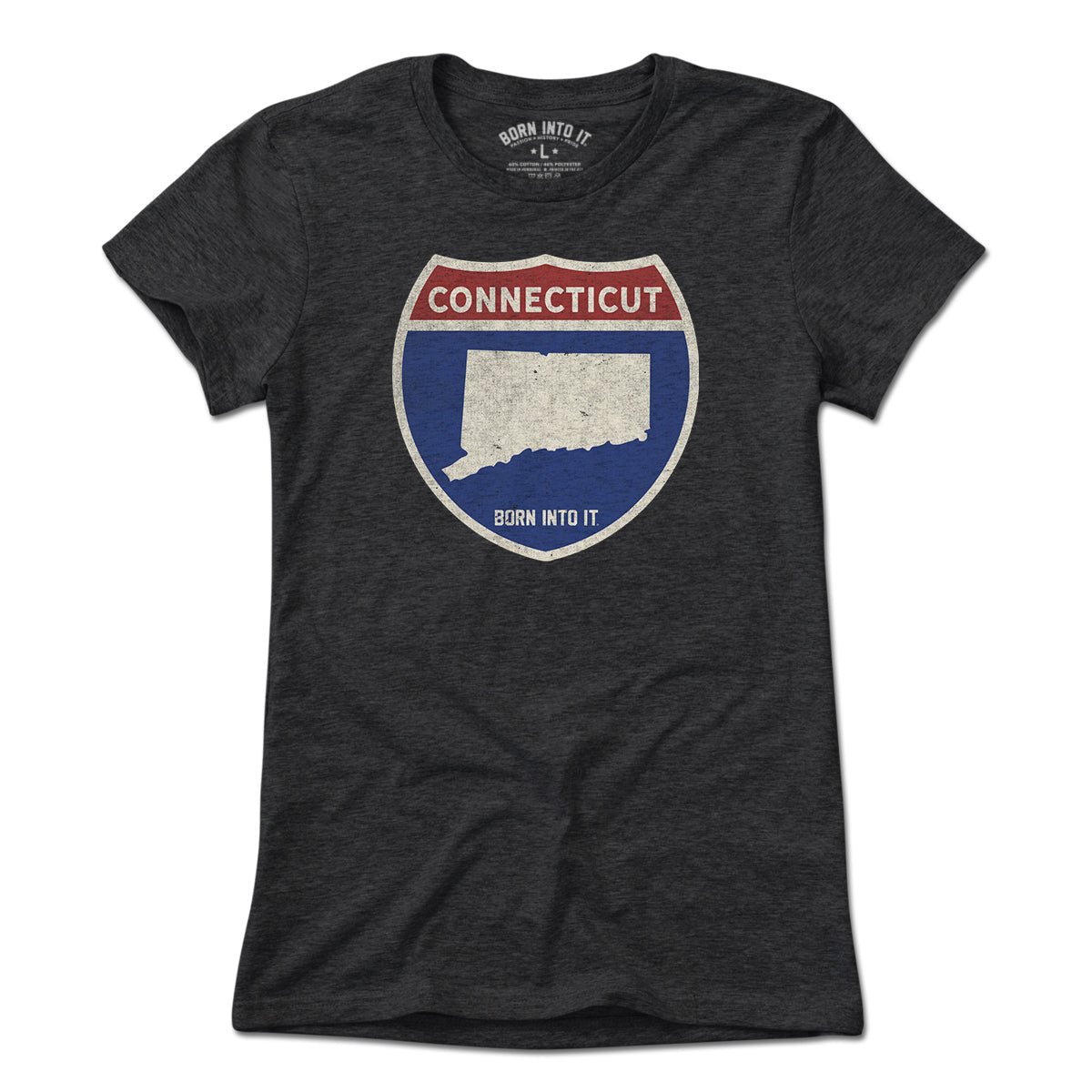 Light blue Connecticut Interstate Sign T-Shirt by Born Into It featuring a graphic of the Connecticut highway sign on the front.