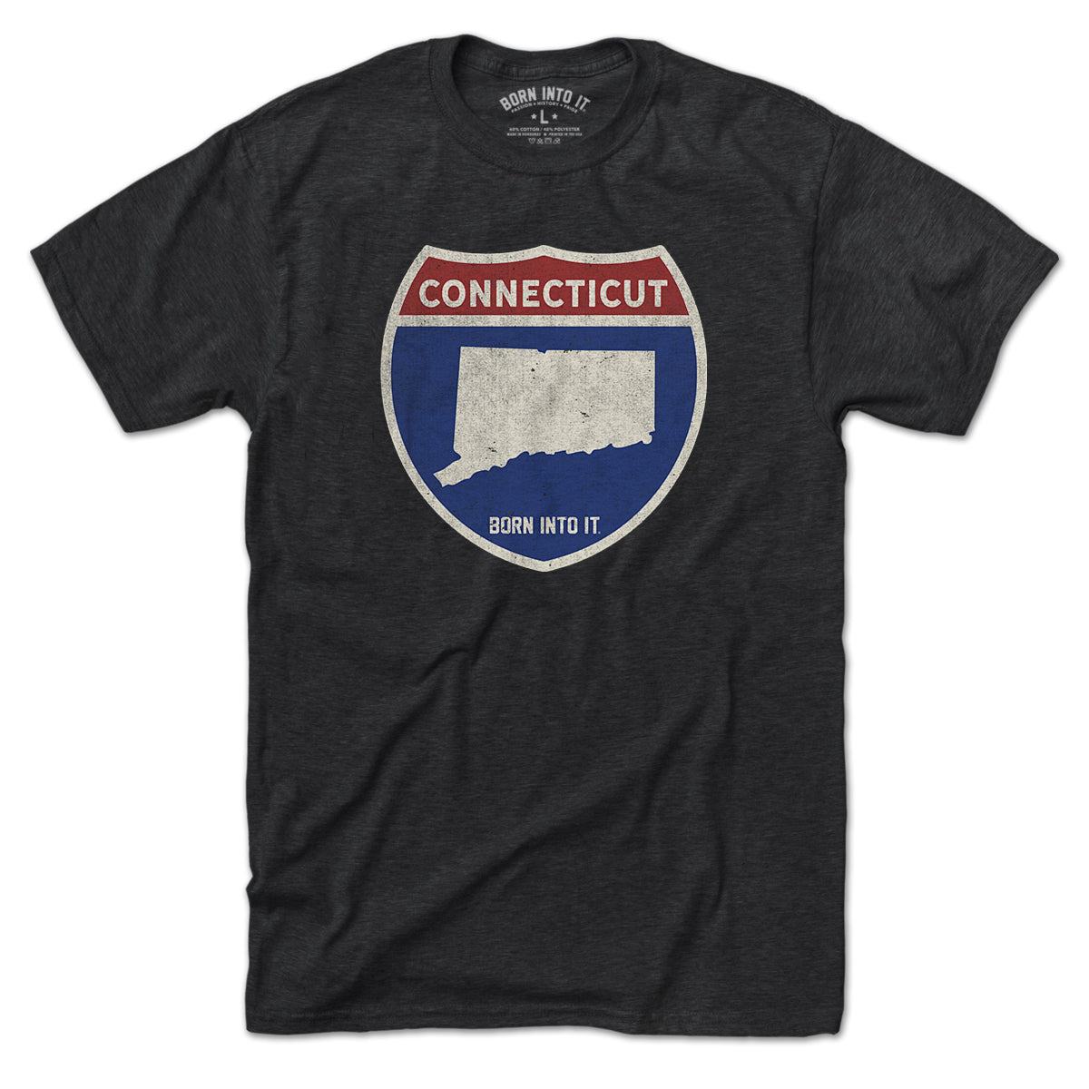 Born Into It Connecticut Interstate Sign T-Shirt featuring a graphic of the Connecticut highway sign on a white tee.