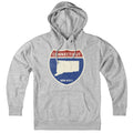 Born Into It Connecticut Interstate Sign Hoodie sweatshirt in gray with interstate route graphic on front.