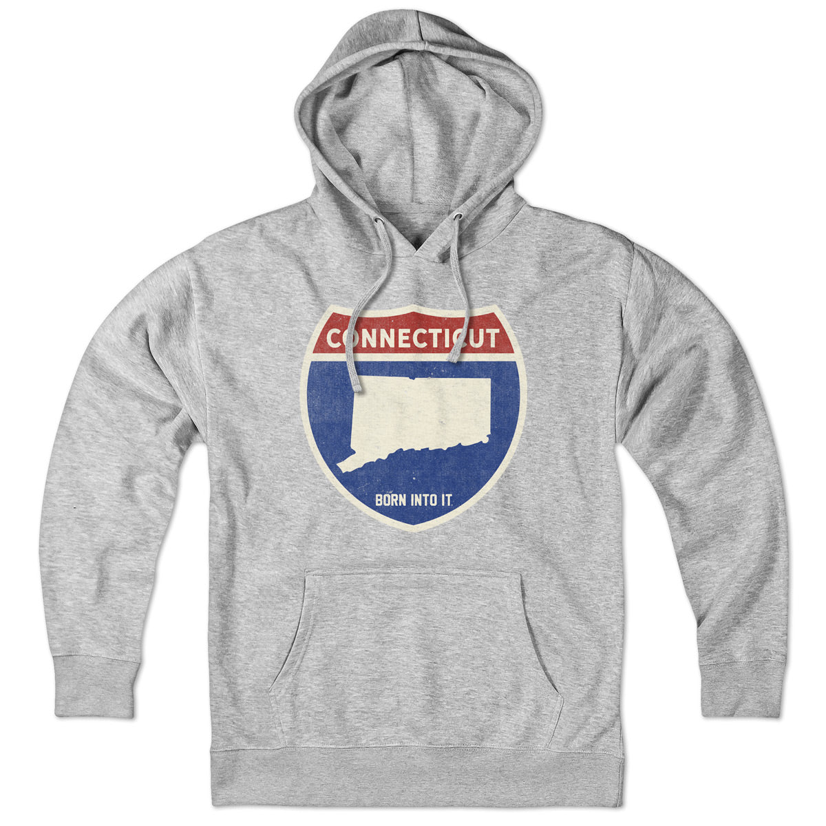 Born Into It Connecticut Interstate Sign Hoodie sweatshirt in gray with interstate route graphic on front.