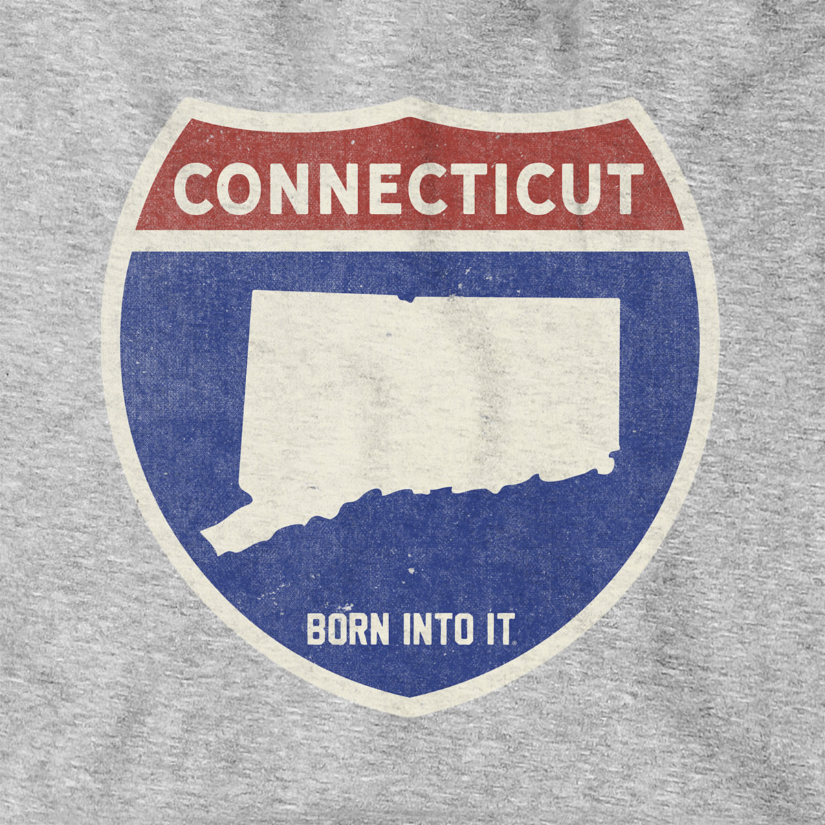 Born Into It Connecticut Interstate Sign hoodie, gray sweatshirt with highway graphic and interstate design on front.