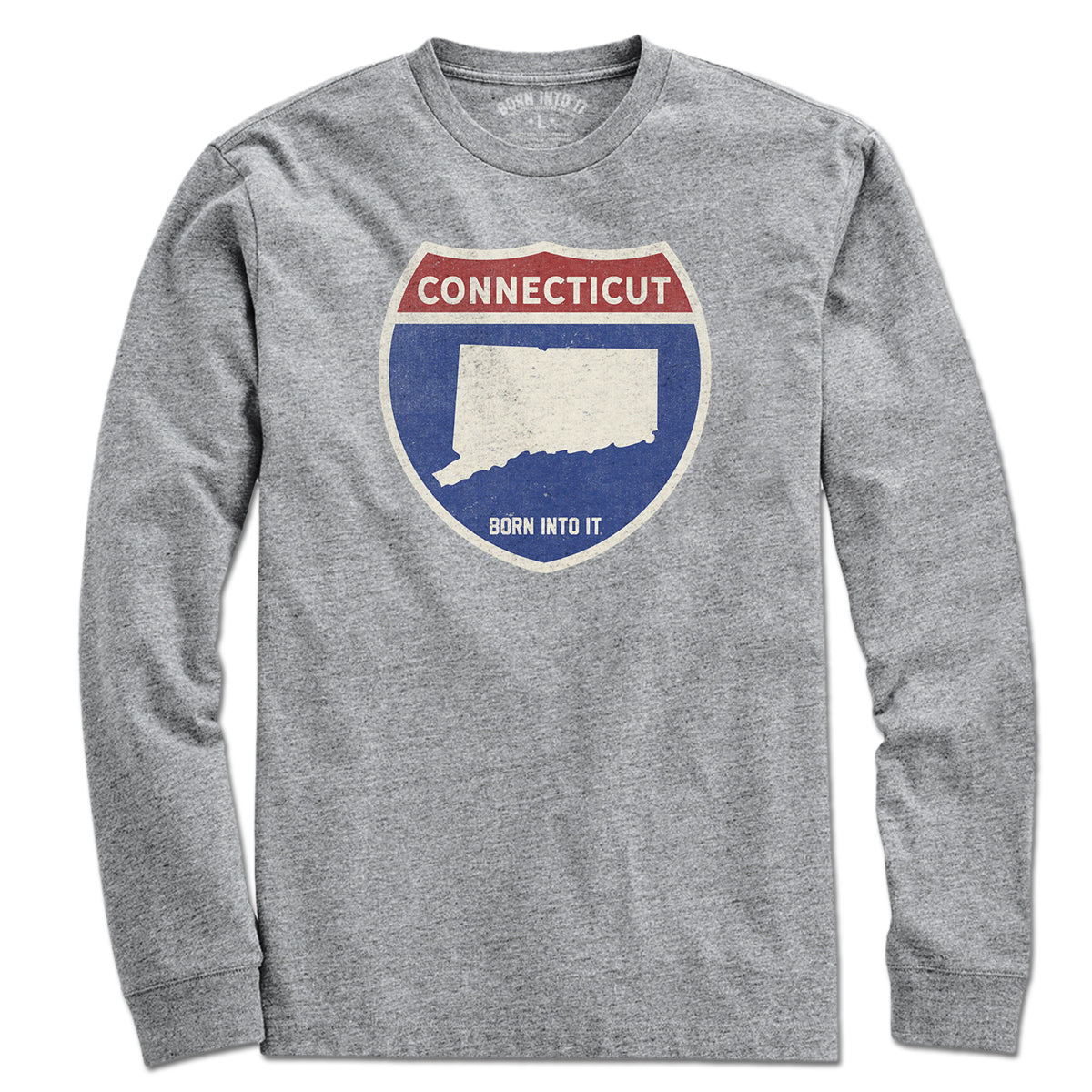 Born Into It Connecticut Interstate Sign T-Shirt in gray, featuring a printed highway sign design on a comfortable cotton tee.