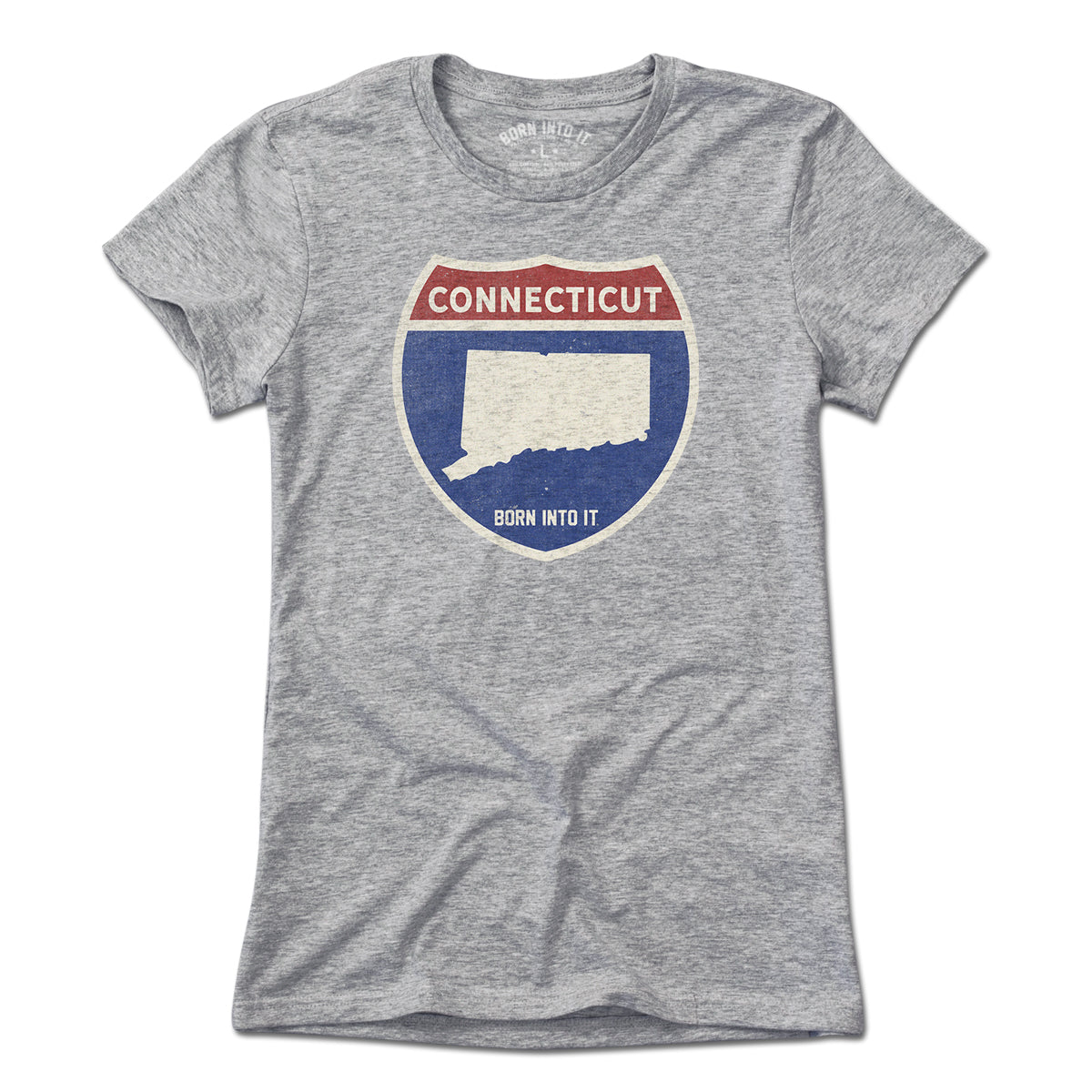 Born Into It Connecticut Interstate Sign T-Shirt in gray, featuring a detailed highway sign graphic on the front.