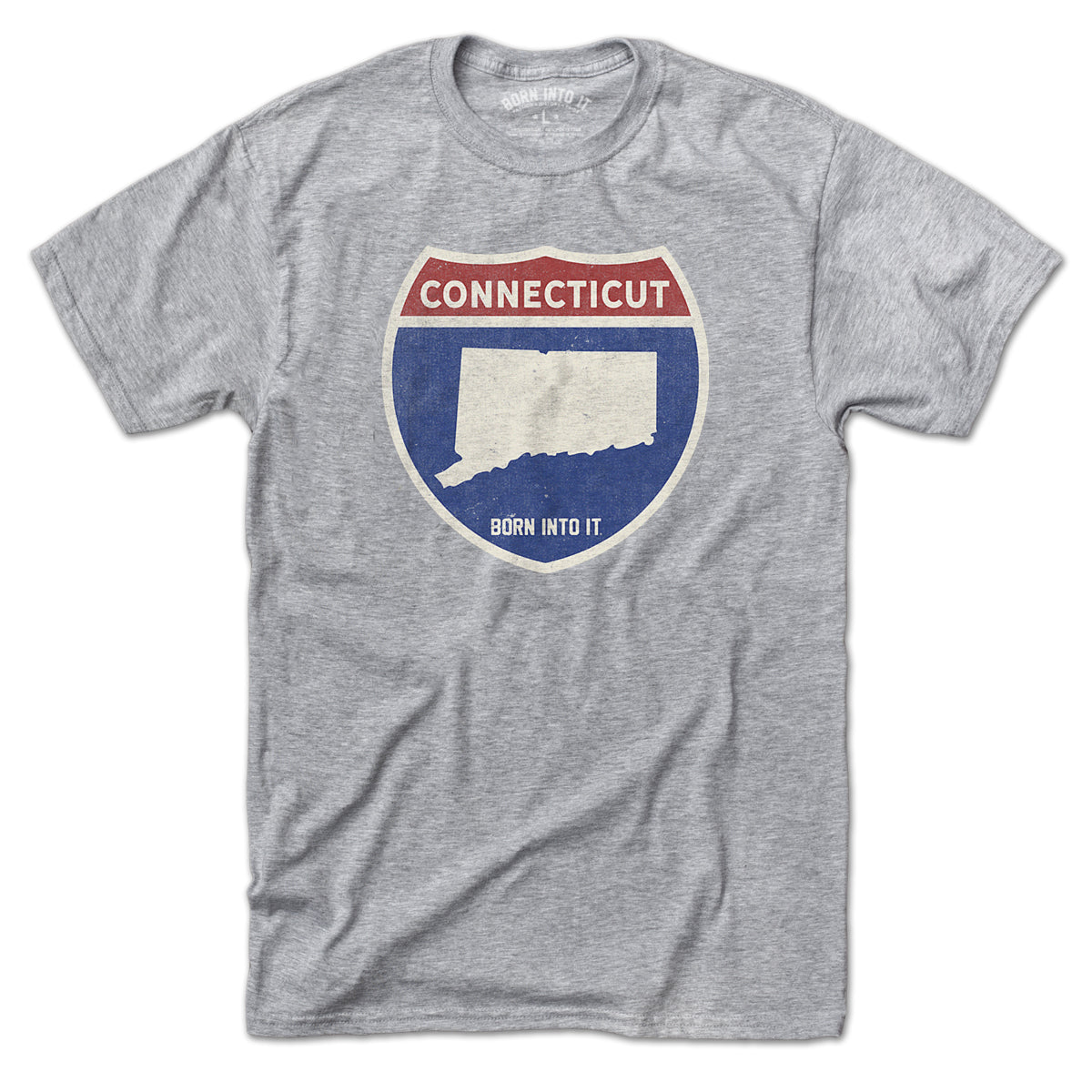 Born Into It Connecticut Interstate Sign T-Shirt in gray, featuring a detailed interstate highway graphic on the front.