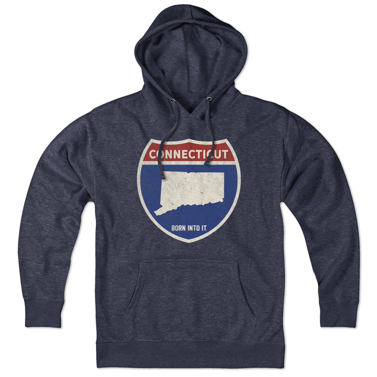 Born Into It Connecticut Interstate Sign hoodie, a sweatshirt featuring a detailed interstate sign graphic on the front.