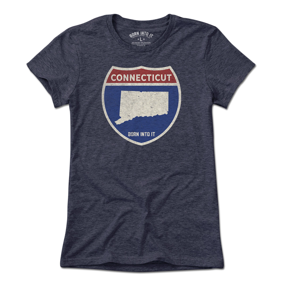 Born Into It Connecticut Interstate Sign T-Shirt showing a highway sign graphic on a light-colored fabric.