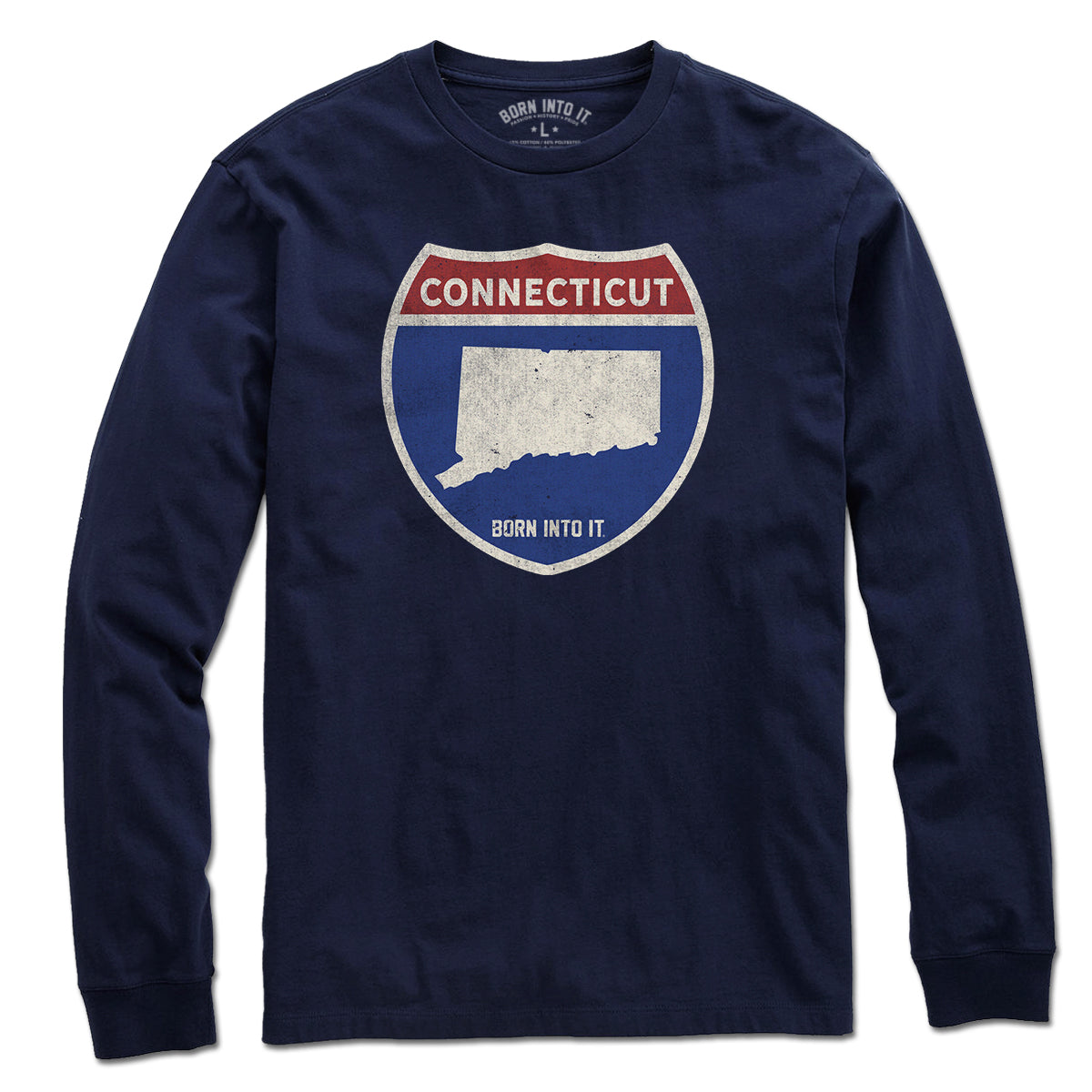 Born Into It Connecticut Interstate Sign T-Shirt featuring a vintage highway sign graphic on a casual tee.
