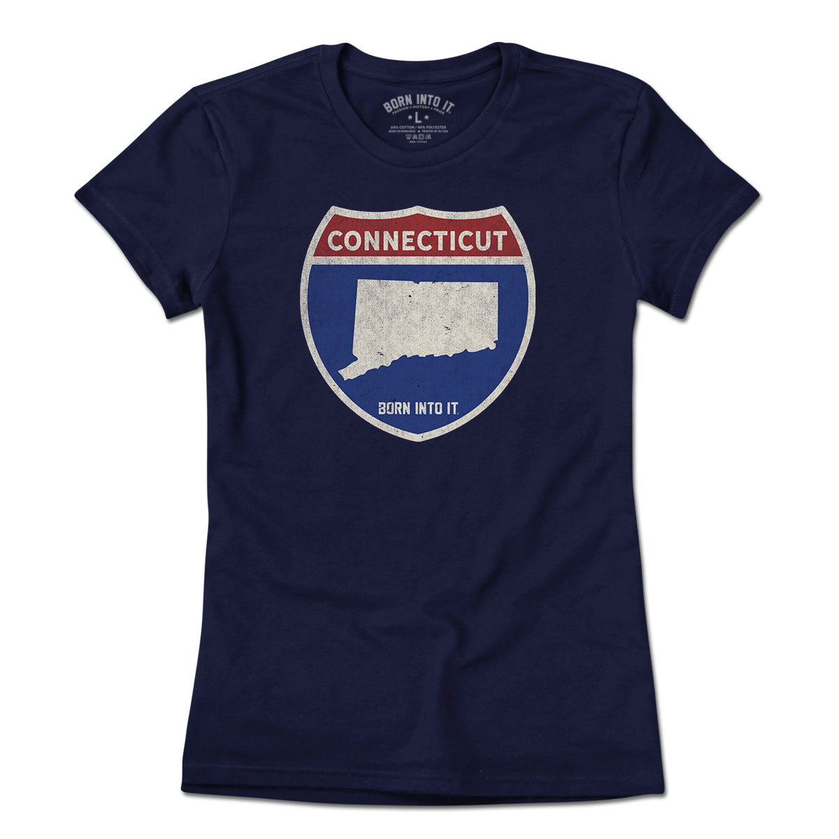 Light blue Connecticut Interstate Sign T-Shirt by Born Into It featuring a detailed interstate highway graphic on the front.