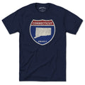 Born Into It Connecticut Interstate Sign T-Shirt featuring a graphic of interstate route signs for CT, NY, and UT.