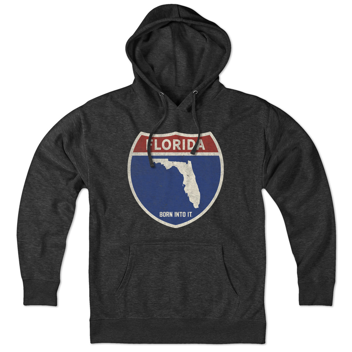 Born Into It Florida Interstate Sign hoodie sweatshirt with a bold interstate highway graphic on the front.