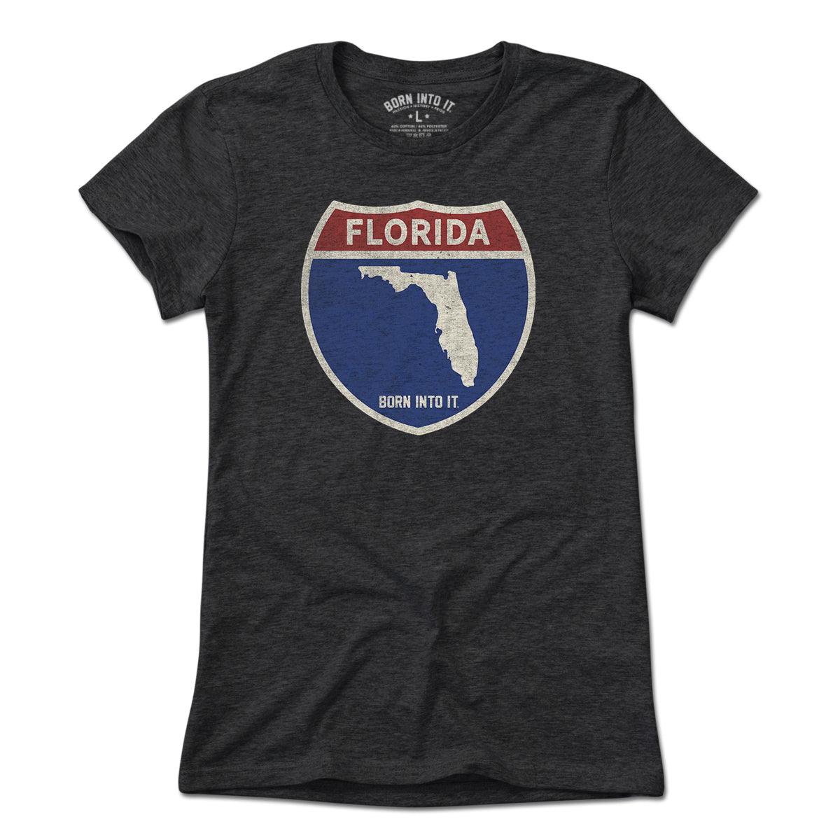Born Into It Florida Interstate Sign T-Shirt featuring a graphic of a highway interstate sign on a light-colored fabric.