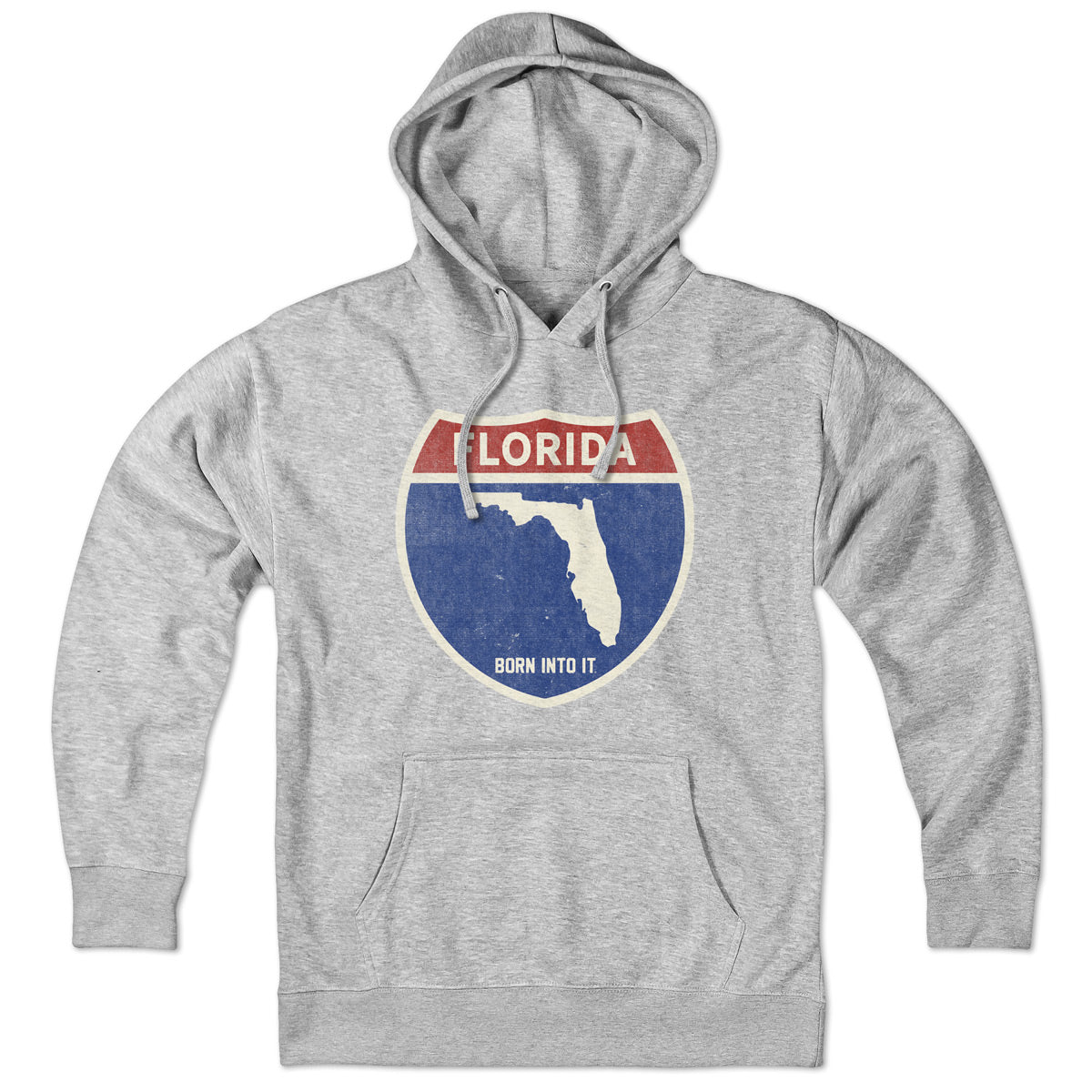 Born Into It Florida Interstate Sign hoodie sweatshirt in gray, featuring a detailed interstate sign graphic on the front.