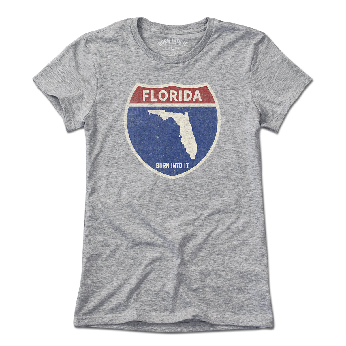 Born Into It Florida Interstate Sign T-Shirt in light gray, featuring a vintage interstate highway graphic on the front.
