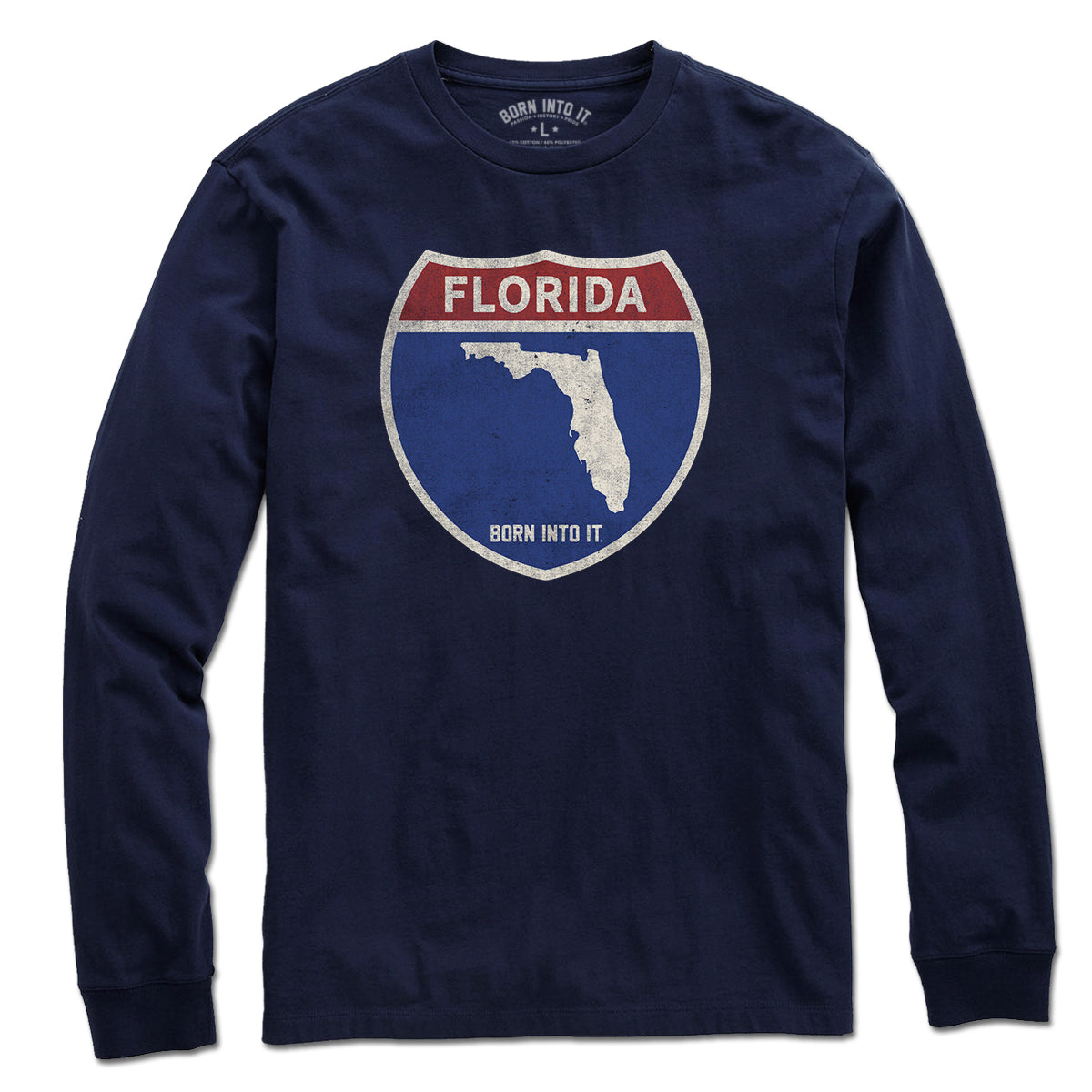 Born Into It Florida Interstate Sign T-Shirt featuring a highway sign graphic in a casual style.