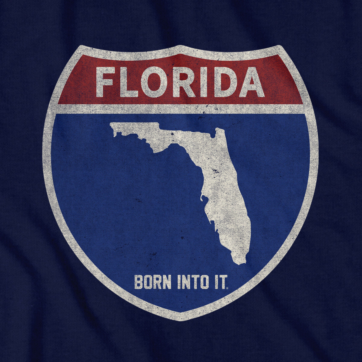 Born Into It Florida Interstate Sign T-Shirt featuring a highway sign design, perfect for casual wear and road trip enthusiasts.