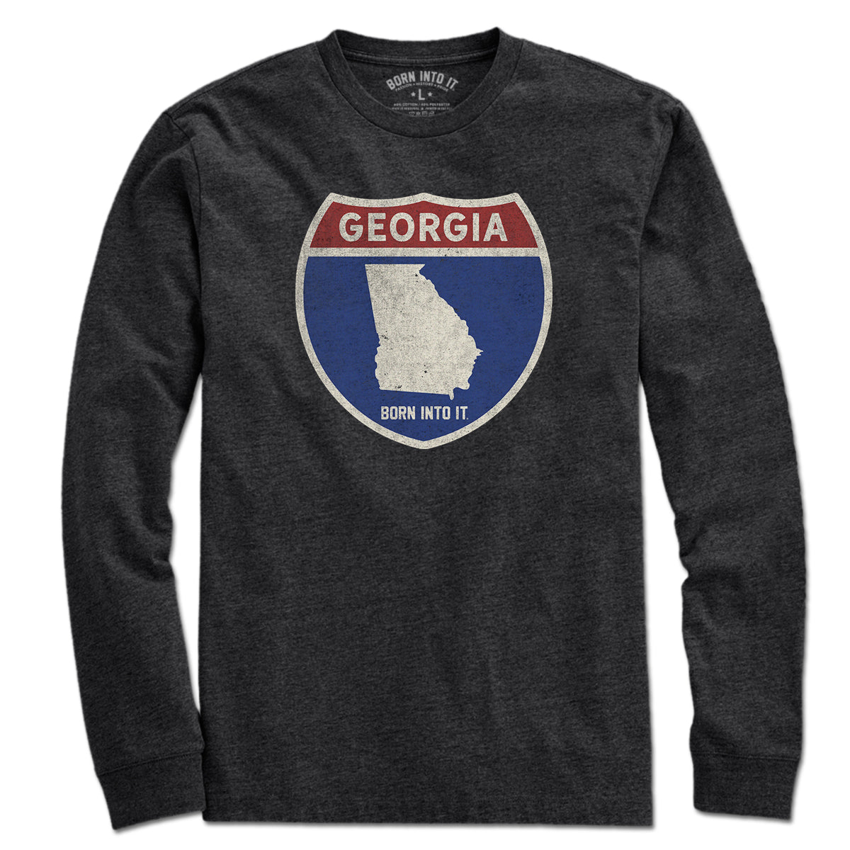 Born Into It Georgia Interstate Sign T-Shirt, long sleeve, featuring a highway sign graphic on soft fabric.