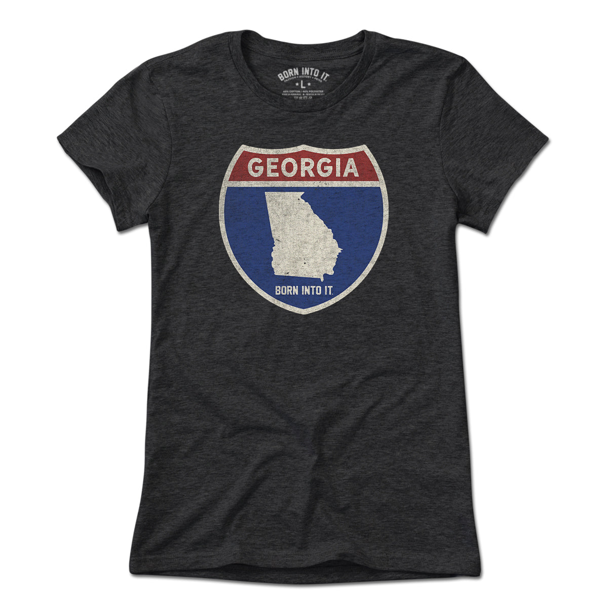 Born Into It Georgia Interstate Sign T-Shirt in light color, featuring highway sign graphic on soft fabric.