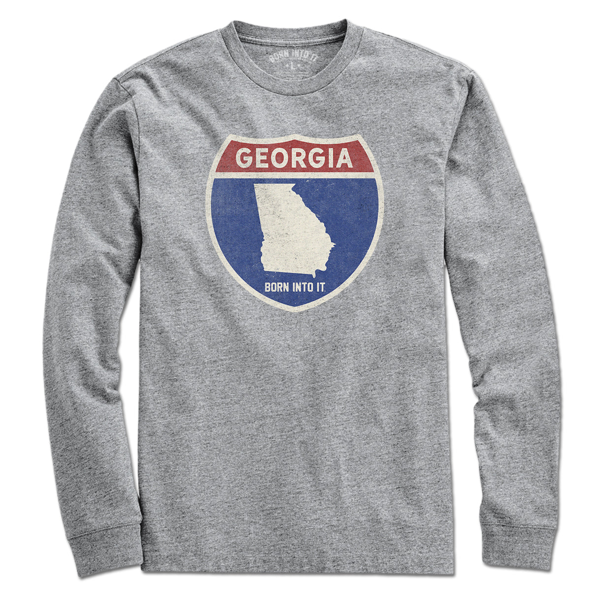 Born Into It Georgia Interstate Sign T-Shirt in gray, featuring a bold interstate highway graphic on the front.