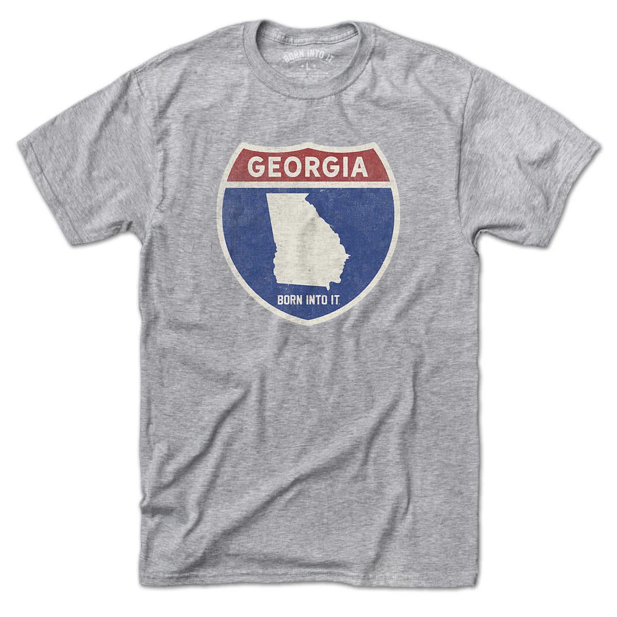 Born Into It Georgia Interstate Sign T-Shirt in gray, featuring a detailed interstate highway graphic on the front.