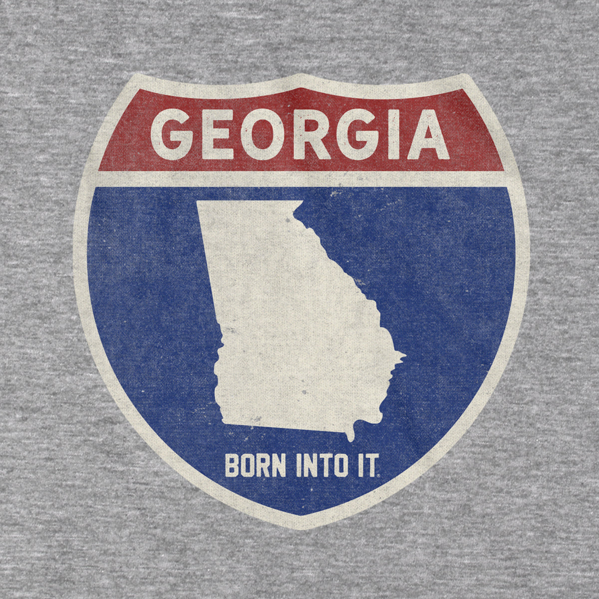 Born Into It Georgia Interstate Sign T-Shirt featuring a gray graphic of the Georgia highway sign on soft cotton fabric.