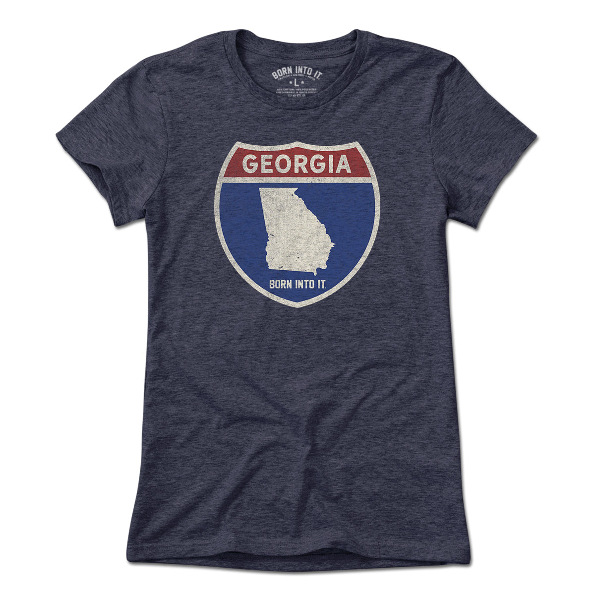 Born Into It Georgia Interstate Sign T-Shirt featuring a highway sign graphic on a light-colored cotton tee.