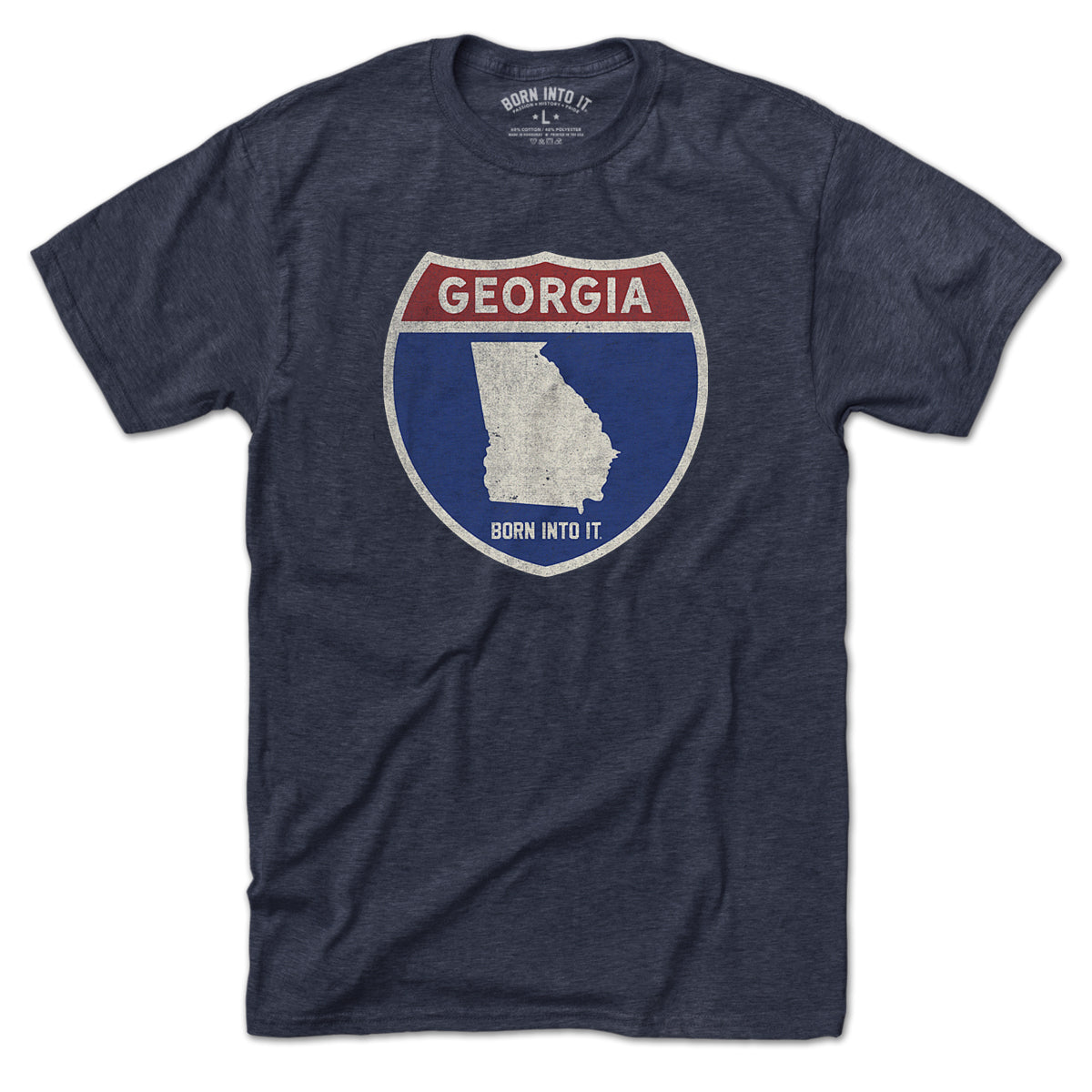 Born Into It Georgia Interstate Sign T-Shirt featuring a graphic of the Georgia highway sign on a black t-shirt.