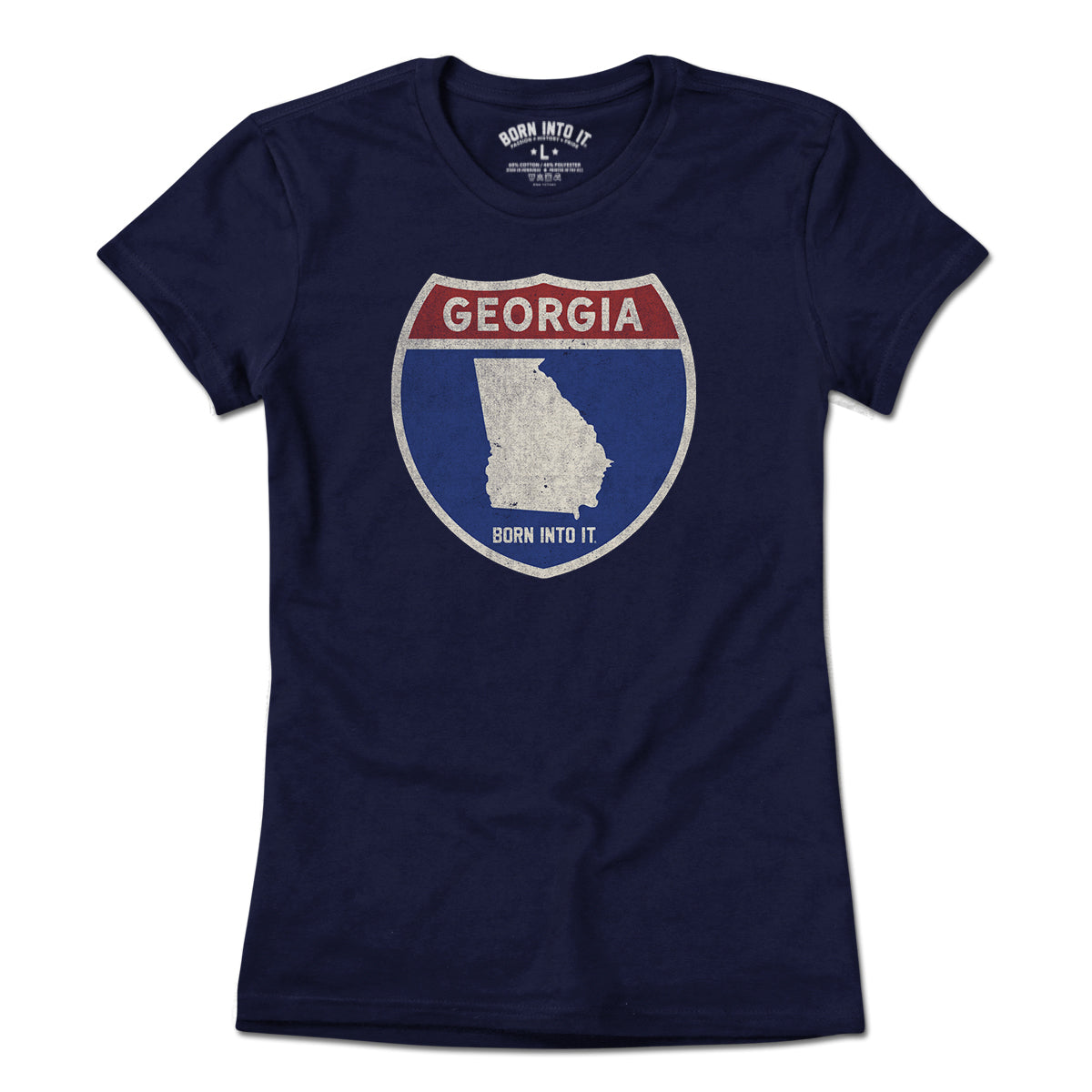 Born Into It Georgia Interstate Sign T-Shirt featuring a graphic of the Georgia and New York interstate signs on a light background.