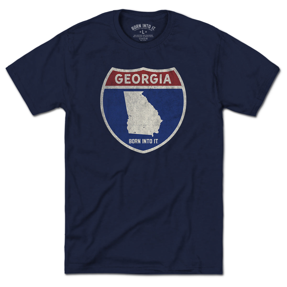Born Into It Georgia Interstate Sign T-Shirt featuring a graphic of interstate route signs on a flat front view.