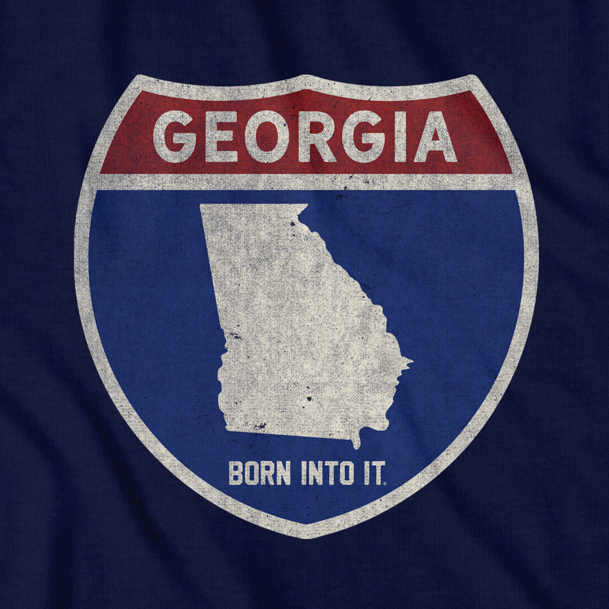 Born Into It Georgia Interstate Sign T-Shirt featuring a graphic of Georgia and New York interstate signs on a white T-shirt.