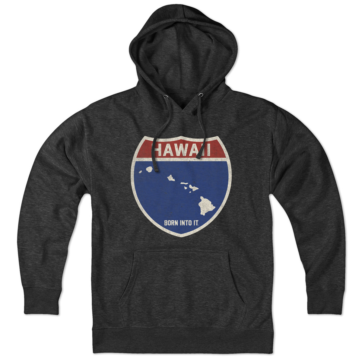 Born Into It Hawaii Interstate Sign hoodie sweatshirt featuring a printed interstate sign design on the front.