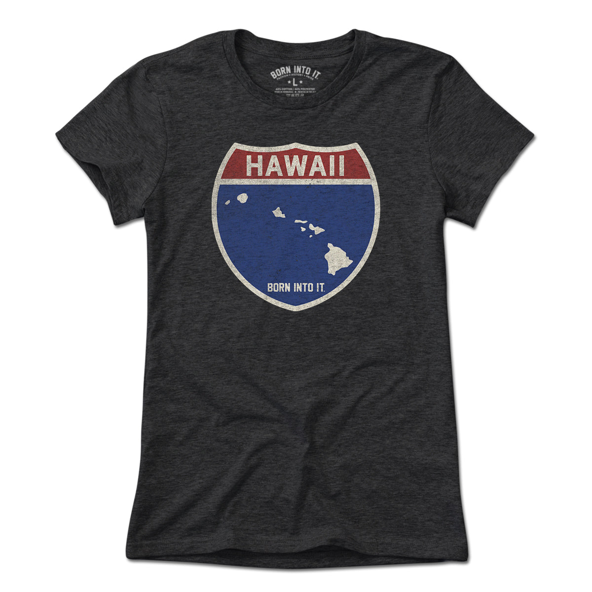 Light blue Hawaii Interstate Sign T-Shirt by Born Into It featuring a printed highway sign design on the front.
