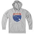 Born Into It Hawaii Interstate Sign hoodie, gray sweatshirt with Hawaii interstate graphic on front, casual and comfortable.
