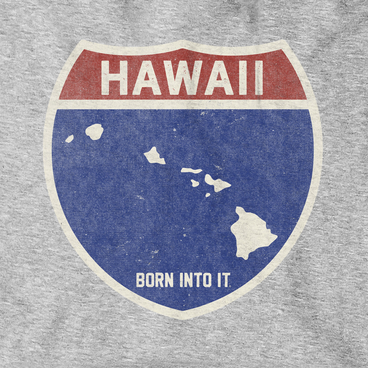 Born Into It Hawaii Interstate Sign hoodie, gray sweatshirt featuring a colorful interstate sign graphic on the front.
