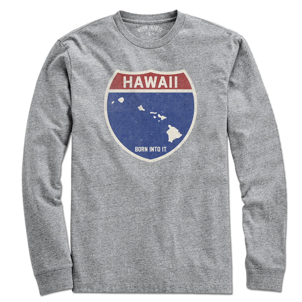 Born Into It Hawaii Interstate Sign T-Shirt in gray, featuring a highway sign graphic and casual fit.