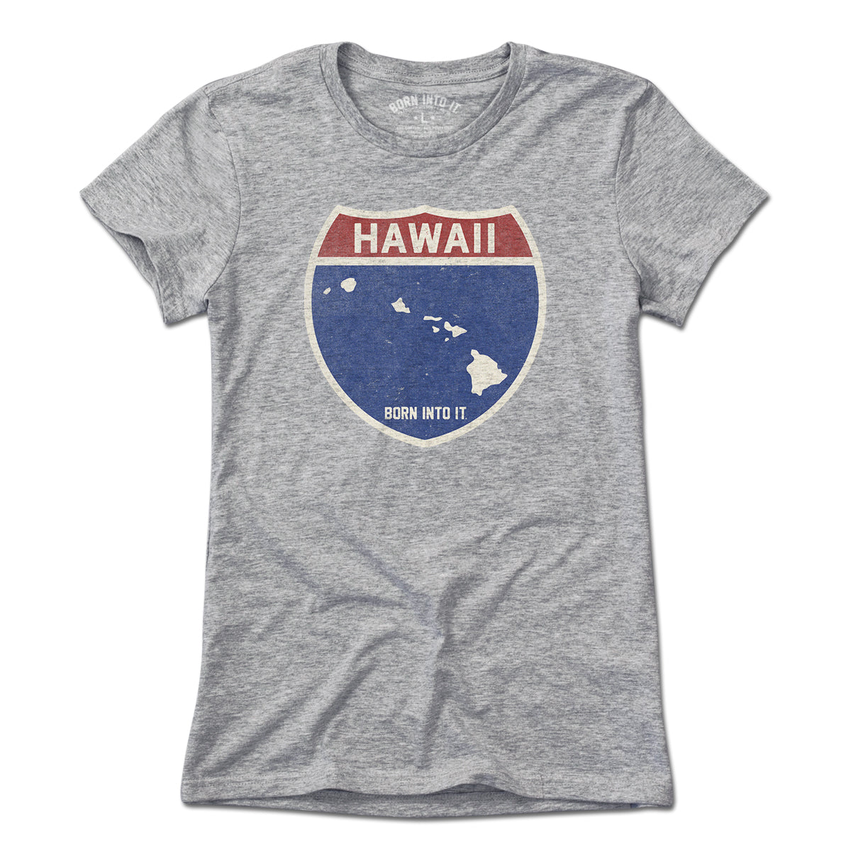 Born Into It Hawaii Interstate Sign T-Shirt in light gray featuring a graphic of a highway sign with Hawaii interstate branding.