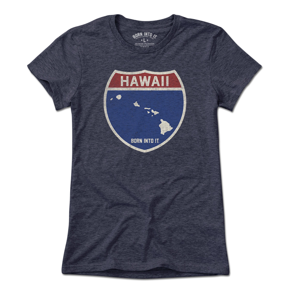Light blue Hawaii Interstate Sign T-Shirt by Born Into It featuring a map and highway graphic design on soft fabric.