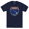 Born Into It Hawaii Interstate Sign T-Shirt featuring a colorful graphic of Hawaii and interstate route signs on the front.