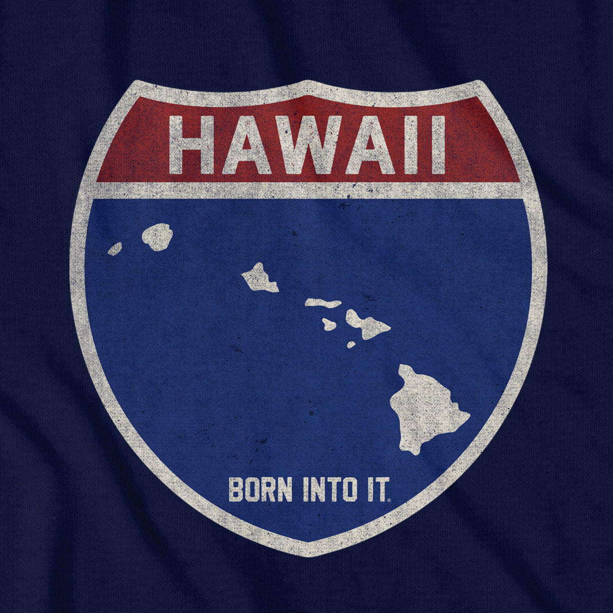 Born Into It Hawaii Interstate Sign T-Shirt featuring a vibrant highway sign design on a comfortable T-shirt.