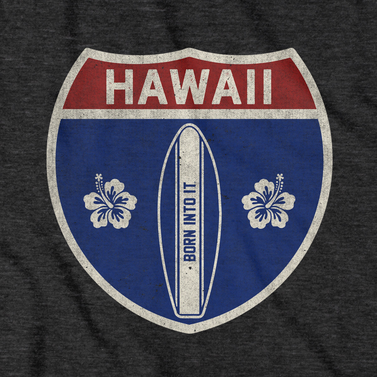 Born Into It Hawaii surfboard interstate sign T-shirt featuring vibrant surf and highway graphics on soft cotton fabric.