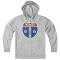 Born Into It Hawaii Surfboard Interstate Sign hoodie, gray sweatshirt with surfboard and interstate graphic design.