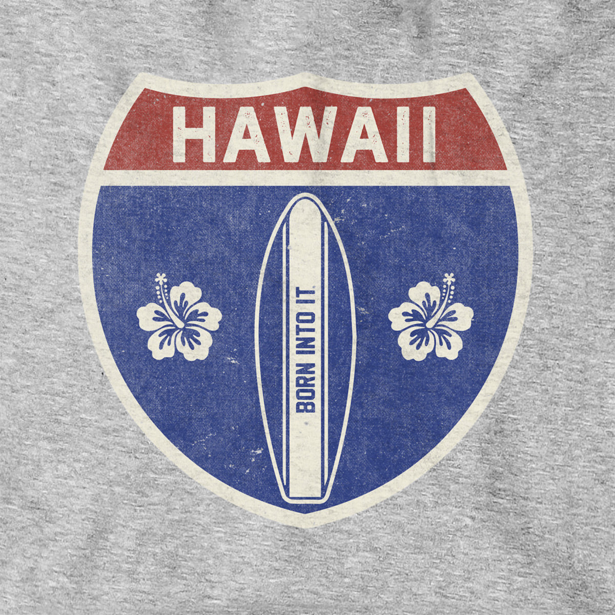 Born Into It Hawaii surfboard interstate sign hoodie, gray sweatshirt with surfboard graphic and highway sign design.