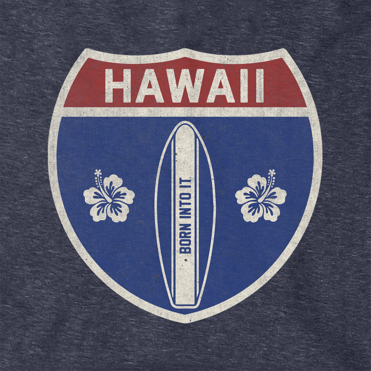 Born Into It Hawaii Surfboard Interstate Sign hoodie sweatshirt with surfboard graphic, comfortable casual wear.