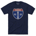 Born Into It Hawaii Surfboard Interstate Sign T-Shirt featuring a colorful surfboard design on a casual t-shirt.