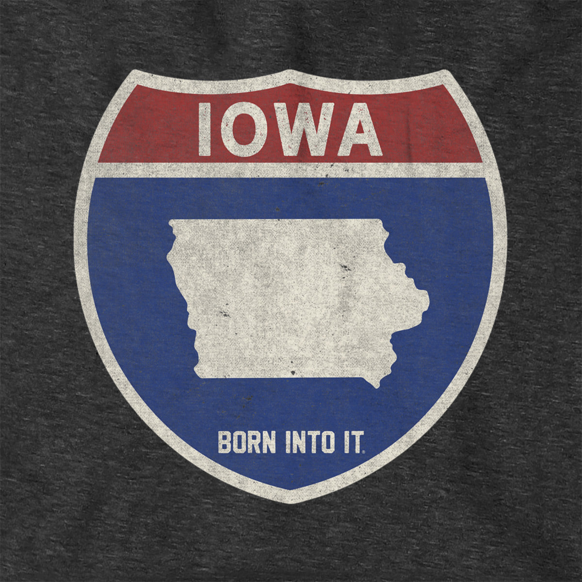 Born Into It Iowa Interstate Sign hoodie, a sweatshirt featuring a vintage-style Iowa Interstate rail sign graphic.