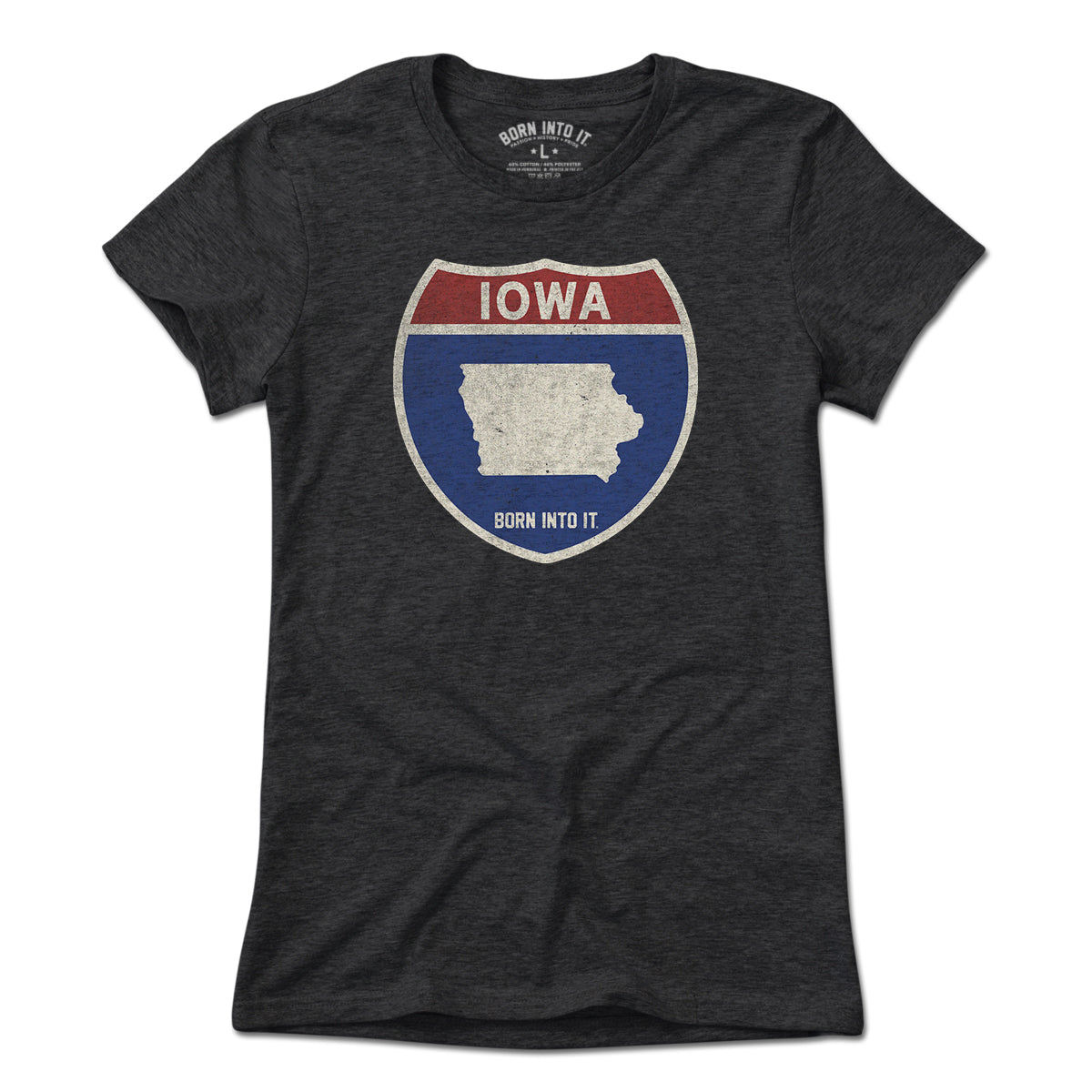 Born Into It Iowa Interstate Sign T-Shirt featuring a vintage-style railroad sign graphic on a light-colored cotton t-shirt.