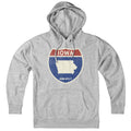 Born Into It Iowa Interstate Sign hoodie sweatshirt in gray, featuring a detailed Iowa Interstate railroad sign design.