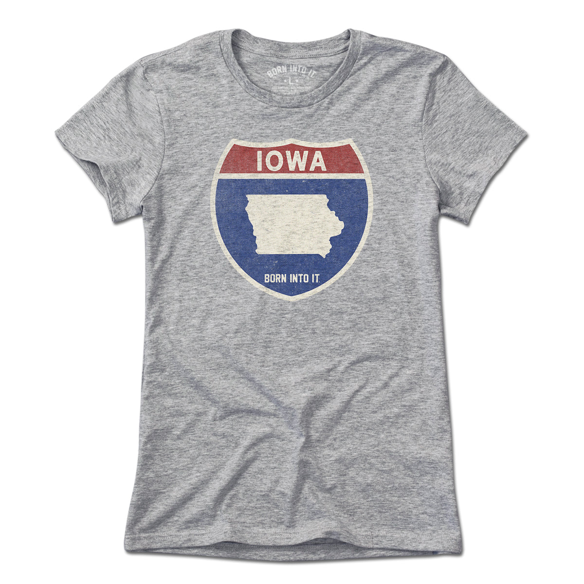 Born Into It Iowa Interstate Sign T-Shirt in gray, featuring a vintage-style Iowa railroad sign graphic on soft cotton fabric.