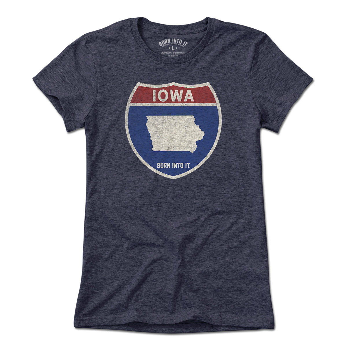 Born Into It Iowa Interstate Sign T-Shirt, light-colored fabric with printed interstate sign graphic on front.